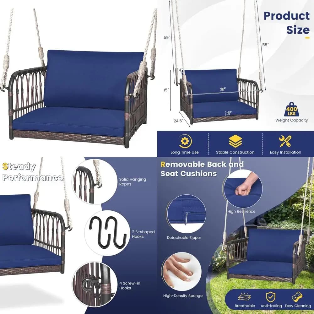 1 person patio chimney chair with metal frame, pillow, ropes, hooks, PE rattan swing, hanging garden swing for Rel