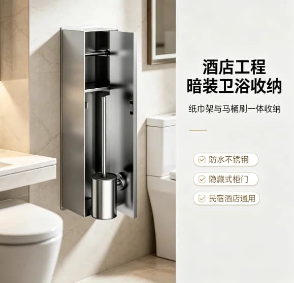 Wall Mounted Storage Rack, Stainless Steel Hidden Toilet Brush & Tissue Holder for Hotel