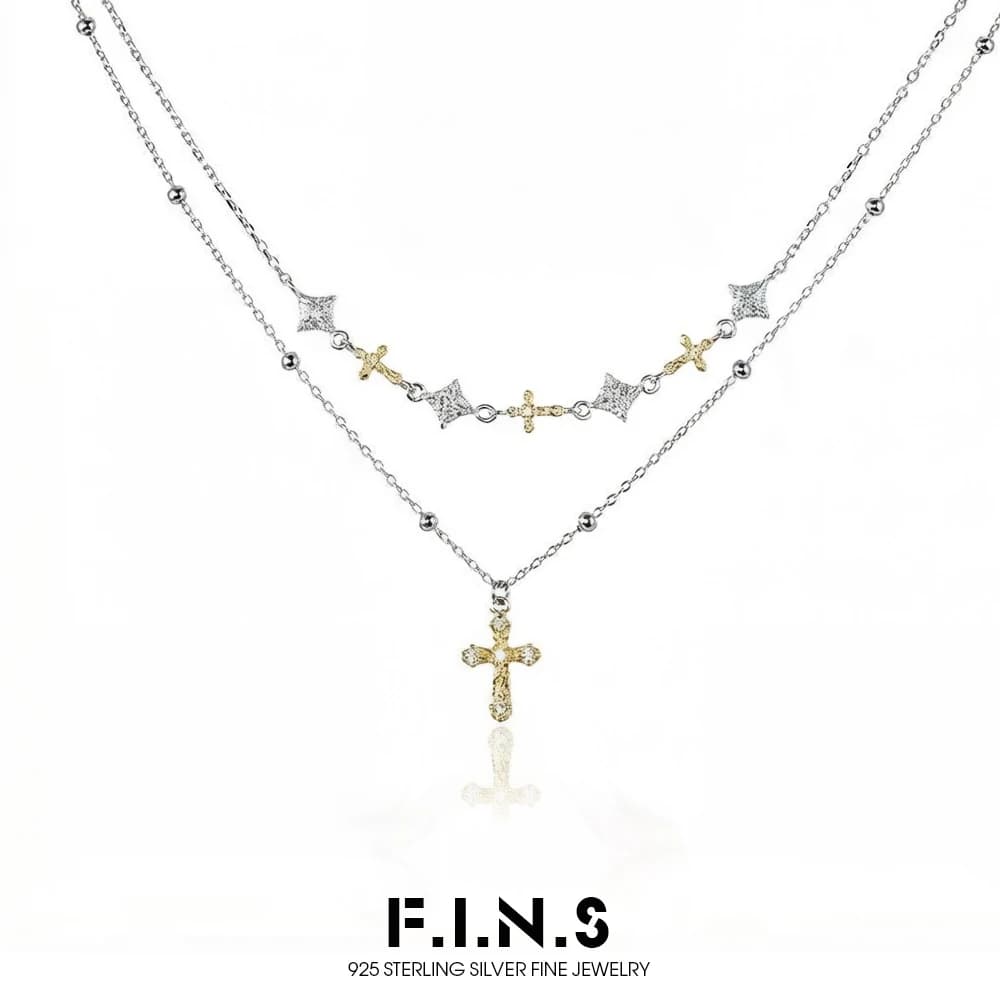 Collana a doppio strato F.I.N.S Star in argento sterling S925, versatile, da donna, con ciondolo a croce e stella bicolore, gioielli raffinati
