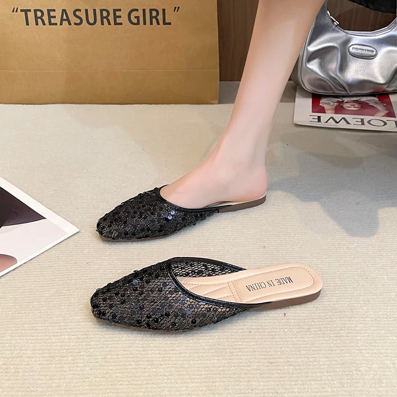 Nuove Ciabatte Baotou Primaverili con Punta Quadrata, Bocca Bassa, Glitter e Rete, Copertura Morbida per i Piedi, Suola Antiscivolo e Resistente all'Usura, Scarpe Basse