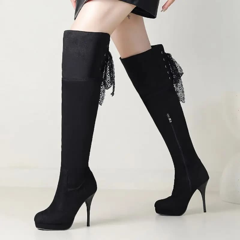 ORCHA LISA 2026 Women's Thigh Boots Black 12cm Stiletto Heel Round Toe Knot Design Flock Suede Size 41 43 Party Dating Booties