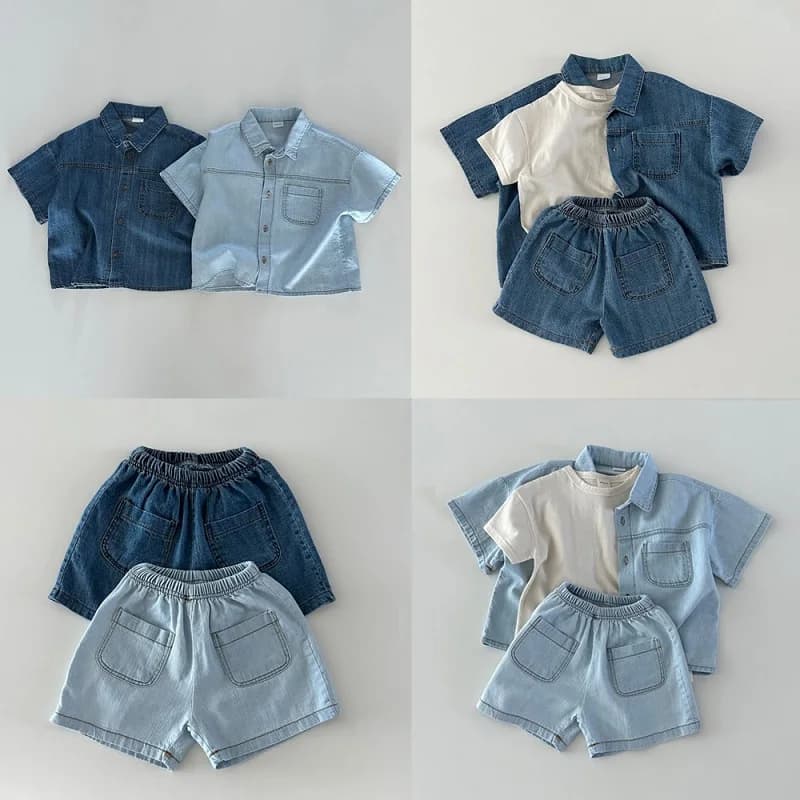 2025 Set da bambino a maniche corte in denim solido Camicie e pantaloncini in denim per ragazzi e ragazze Set da due pezzi in abbigliamento sportivo casual semplice 2 pezzi