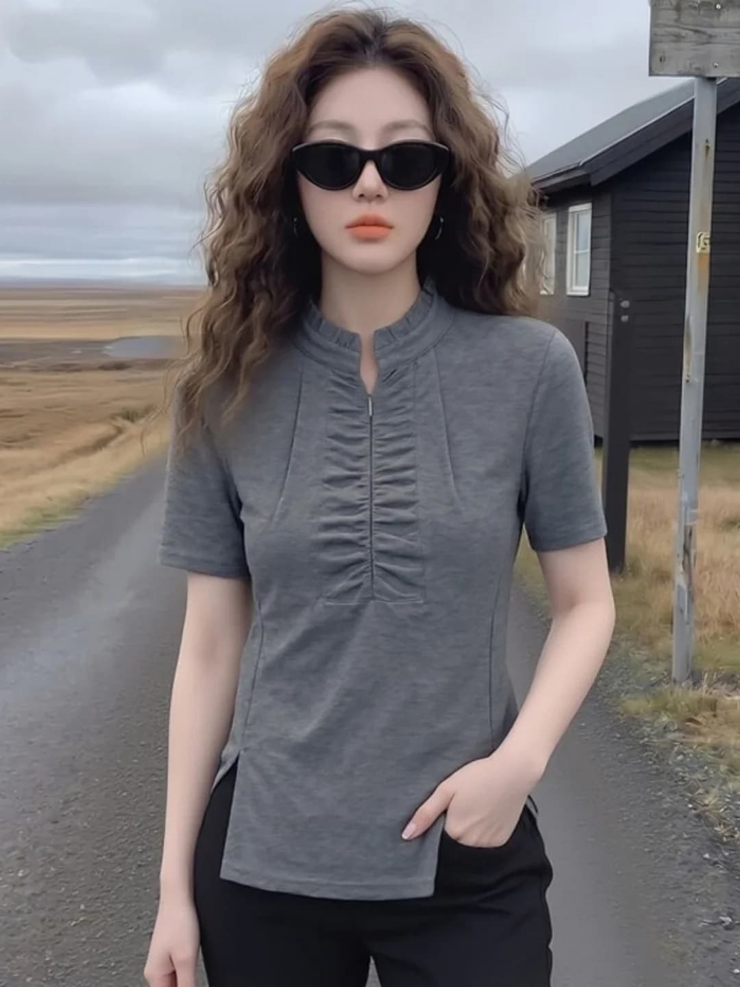Gray Short Sleeve Slim Fit T-Shirt Women's Summer plus Size Korean Style Wood Grain Ruffle Design Casual Comfortable Top