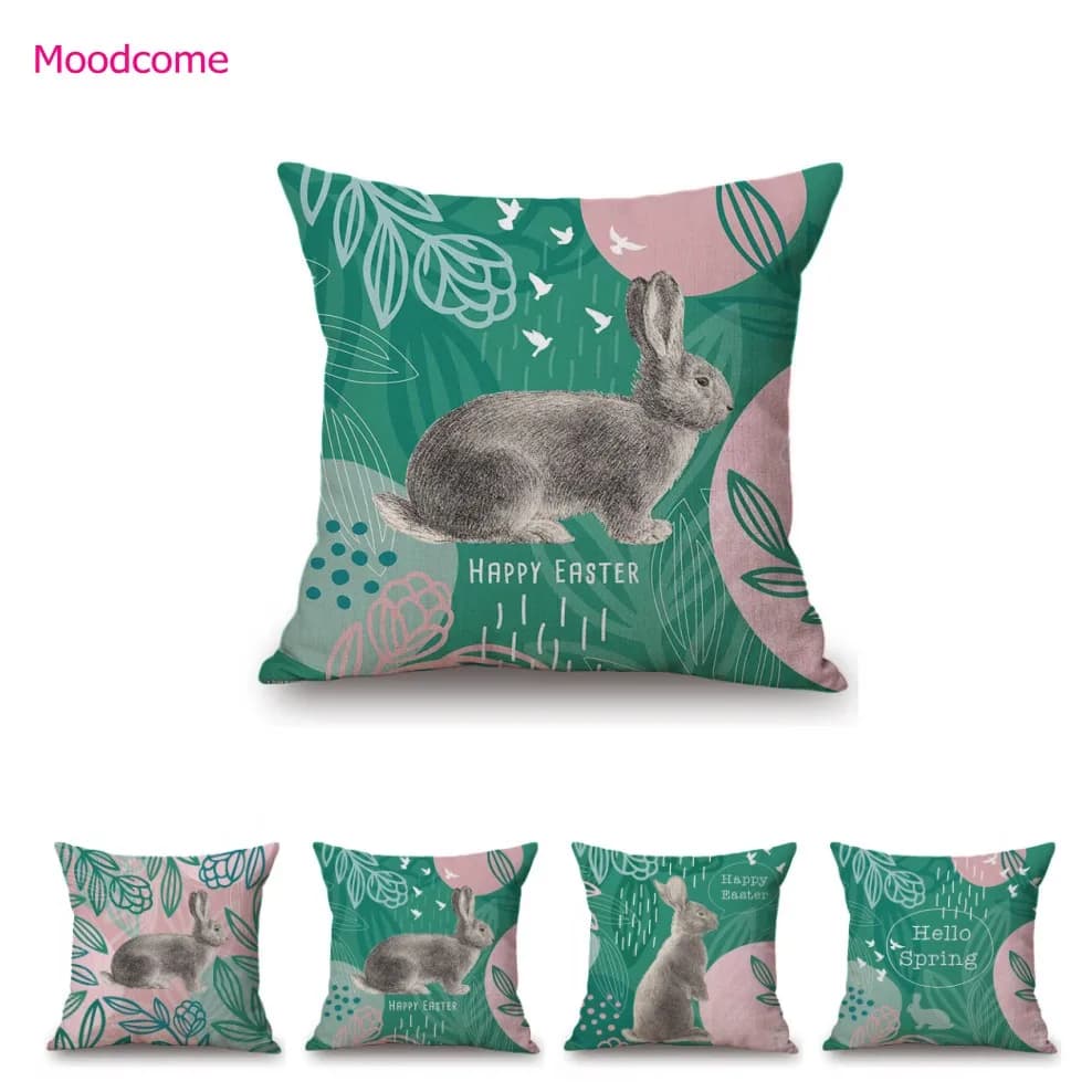 Green Hi Spring Easter Bunny Cute Rabbit Home Decoration Cotton and Linen Sofa Federa for Car Seat cushion