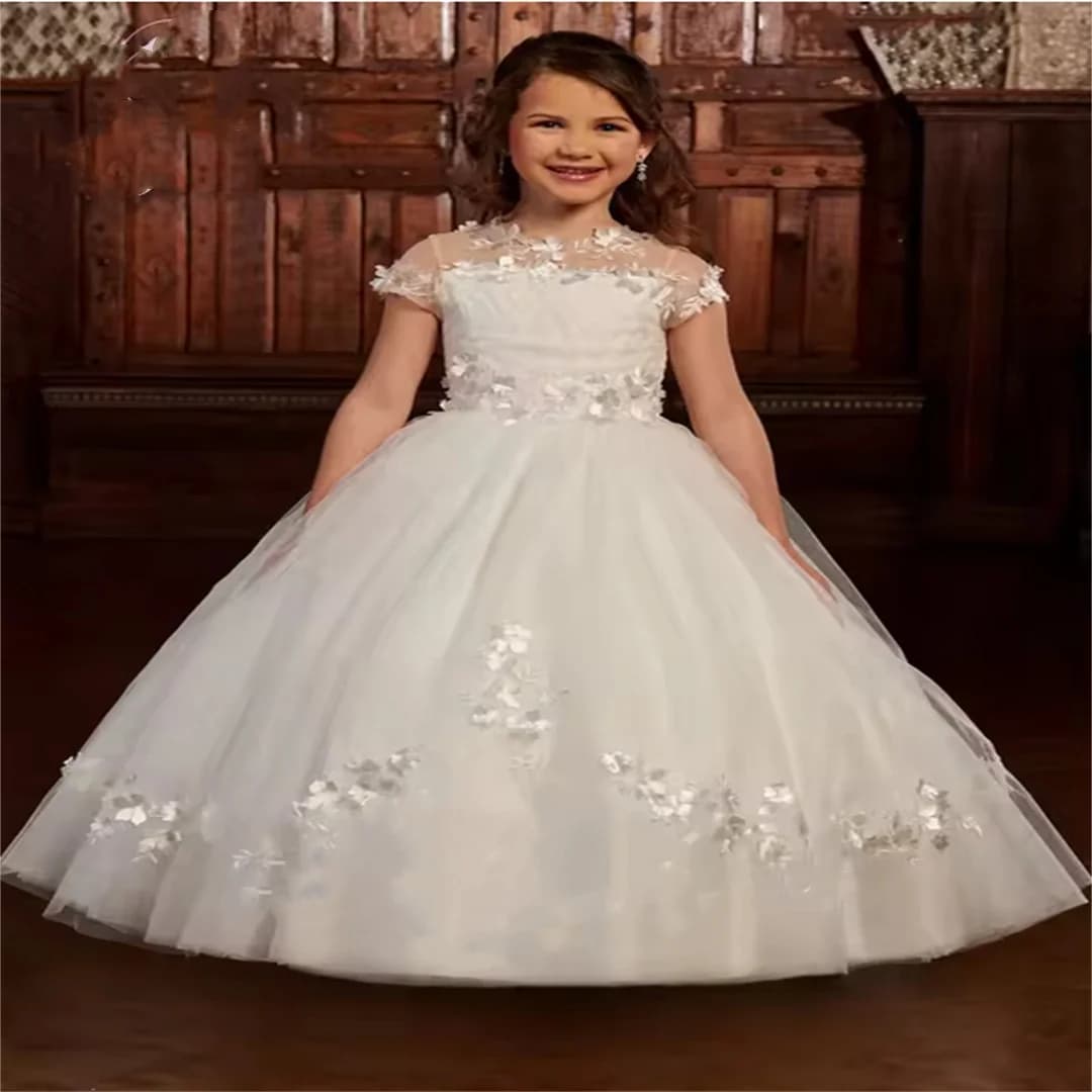 Custom flower girl dress for wedding short sleeves applique lace for kids birthday party for kids dance dresses for first communion