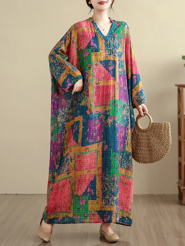 plus Size Cotton Linen V-Neck Travel Casual Long Dress Meat Concealing Vintage Style Holiday Wind New Model Full Coverage Gown