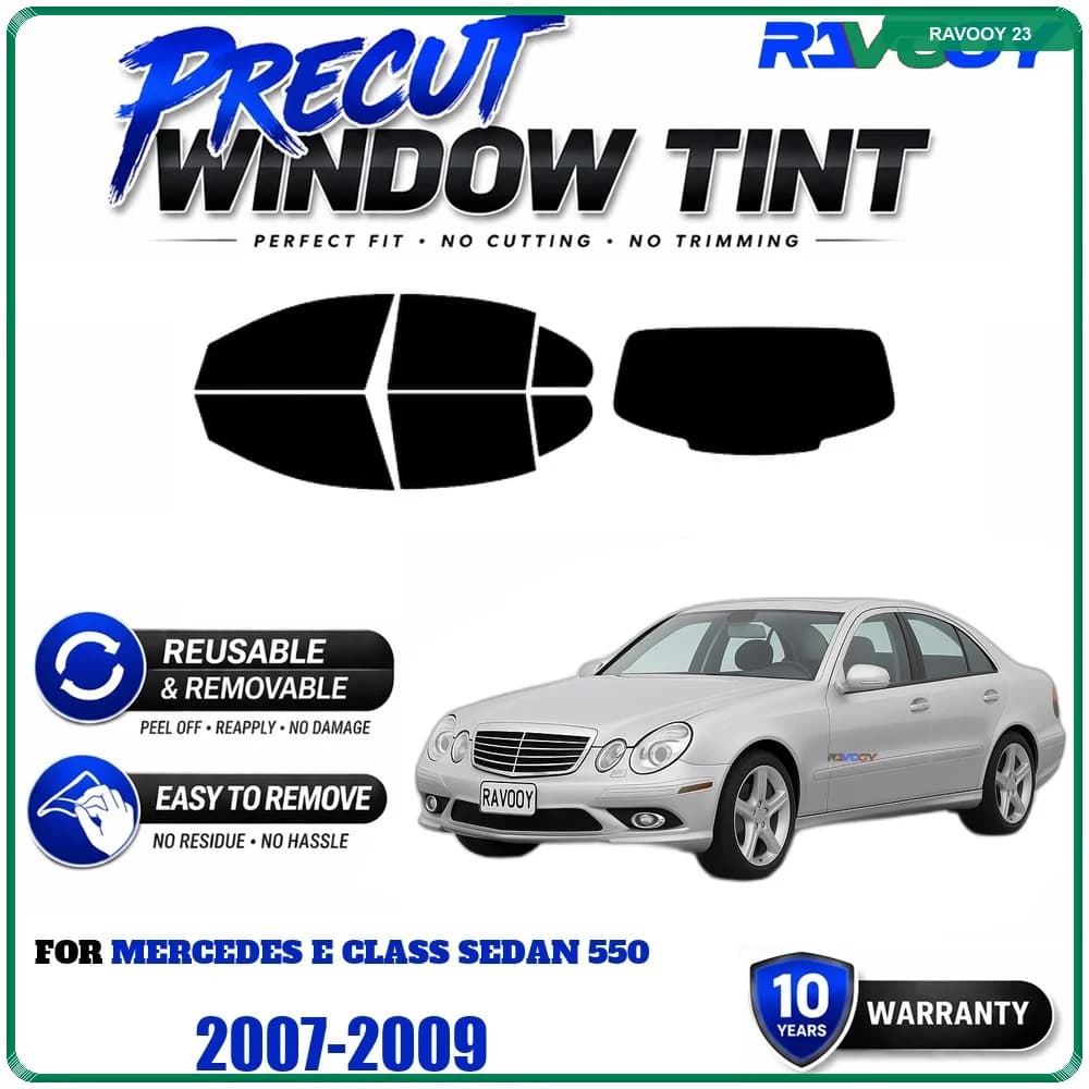 RAVOOY Precut Window Tint, Reusable Removable EPU Film, Custom Fit for Mercedes E Class Sedan 550 2007-2009, UV Heat Protection
