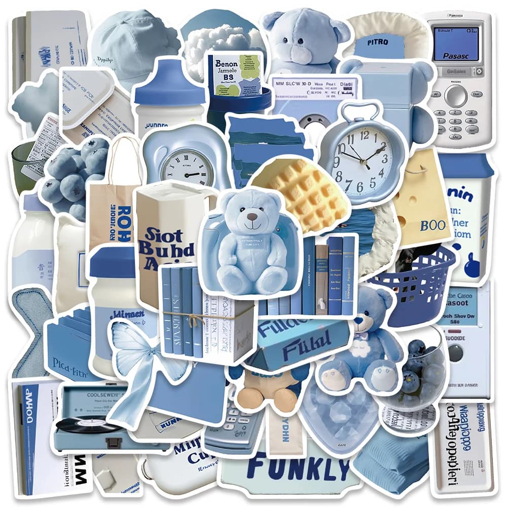 50 adesivi blu in stile Ins, creativi e alla moda, per telefono, bagagli, diario, scrapbook, skateboard, stampa HD, regalo per feste