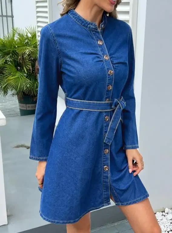 Women's denim dress with long sleeves, classic, fashionable, elegant, casual, dark blue, with round neckline, front closure with buttons and waistbands.