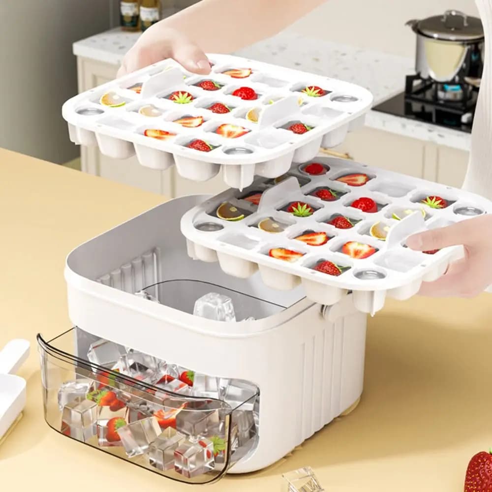 Ice machine 50 cubes with easy pressure lid, double layer ice container for home refrigerator