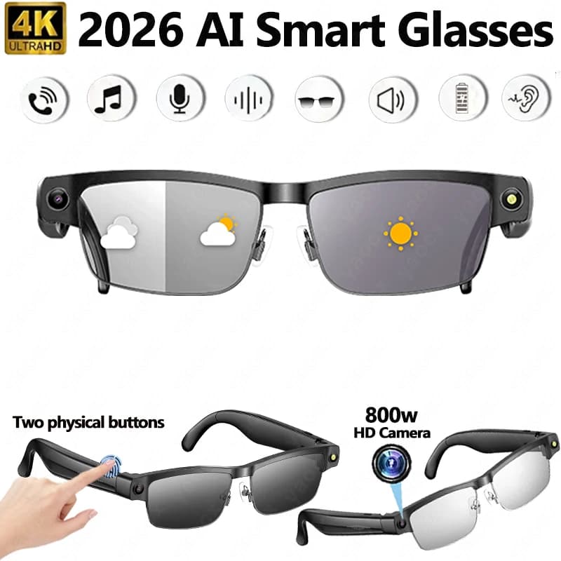 Nuovi Occhiali Smart AI 4K 2026 con Controllo Vocale, Batteria da 270mAh, Fotocamera HD da 800W, Registrazione Video 1200P e Chiamate Bluetooth