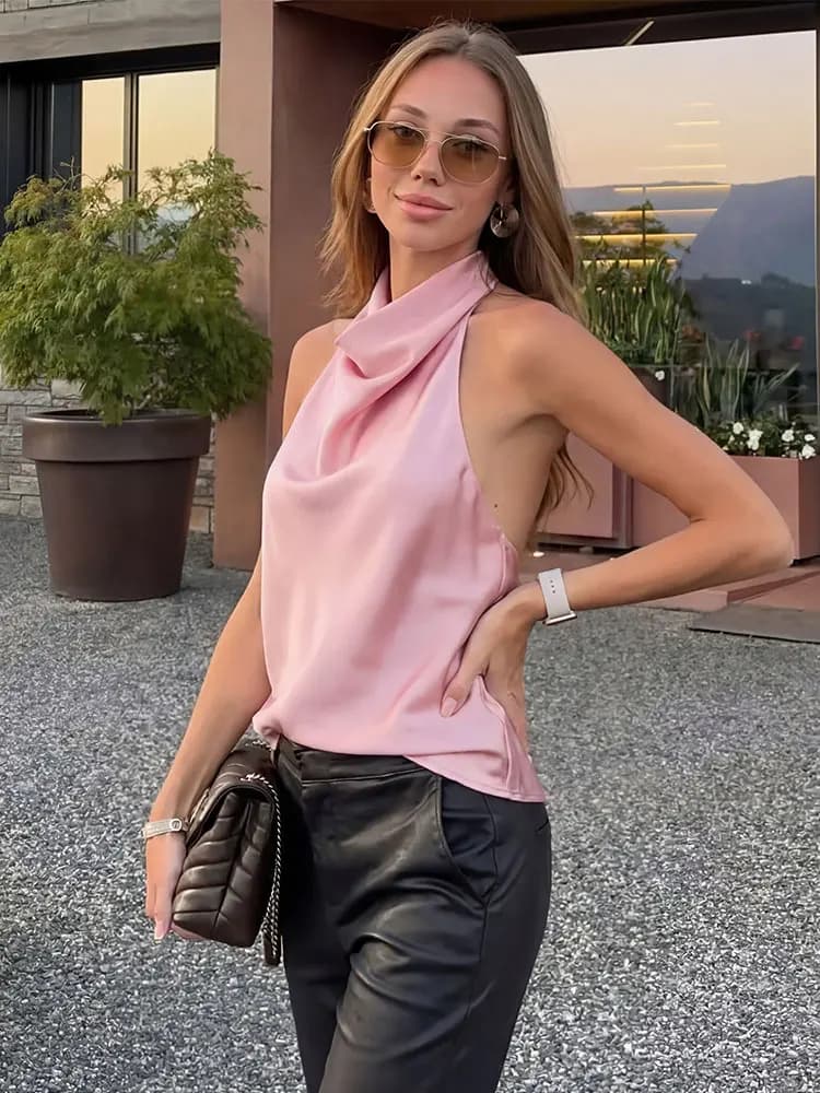 Sexy Womens Solid Halter Top Draped Cowl Neck Sleeveless Backless Blouse for Summer Casual Party Vacation Beach Festival Wear