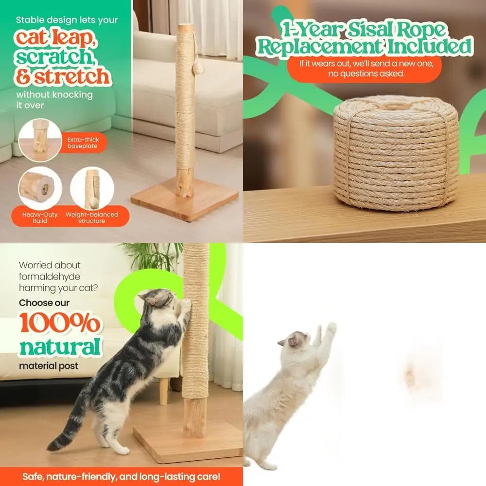 Tiragraffi per gatti in legno di pero naturale 35 con corda in sisal e base in rovere, perfetto per felini grandi, include ricariche di corda gratuite
