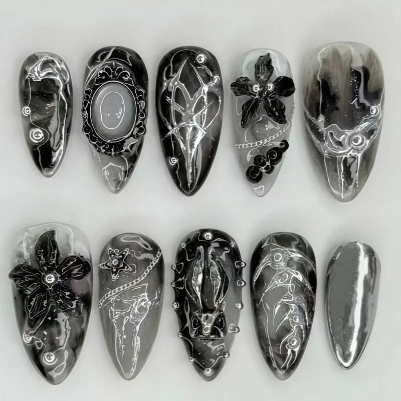 24PCS Best-selling dark almond-shaped ink painting 3D three-dimensional engraving design nail stickers