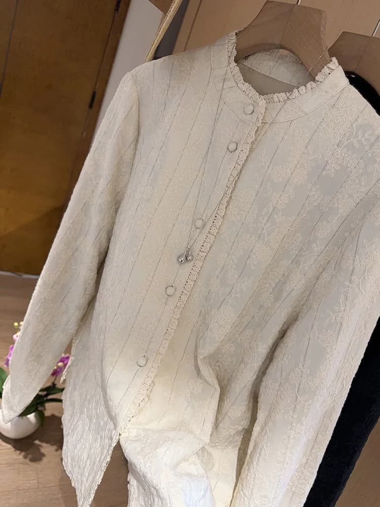 Camicia Giacca Ricamata Squisita con Collo Alto, Lavorazione Artigianale, Nuovo Stile Primavera, Moda Donna, Misto Poliestere, Lunga