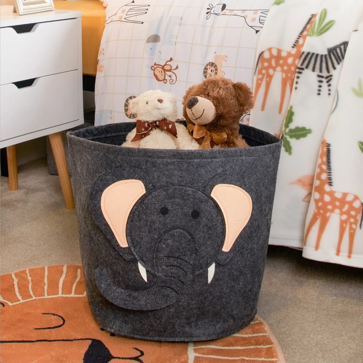 Cesto Portaoggetti per Giocattoli dei Bambini, Borsa Pieghevole per Bucato, Contenitore in Cotone e Lino con Stampa Cartoon, Organizer per Vestiti
