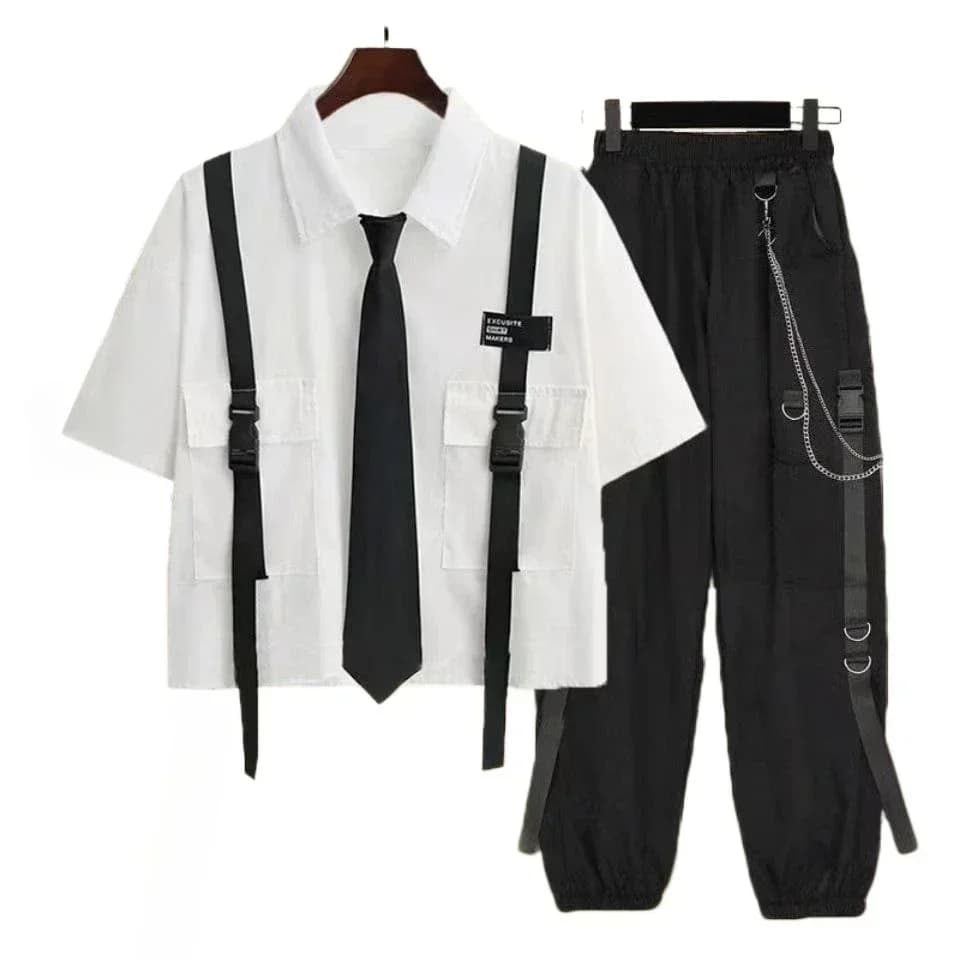 Women's Casual Cargo Trousers, Straight Life Ribbon Streetwear Spring with Short Sleeved Shirt in Two Pieces