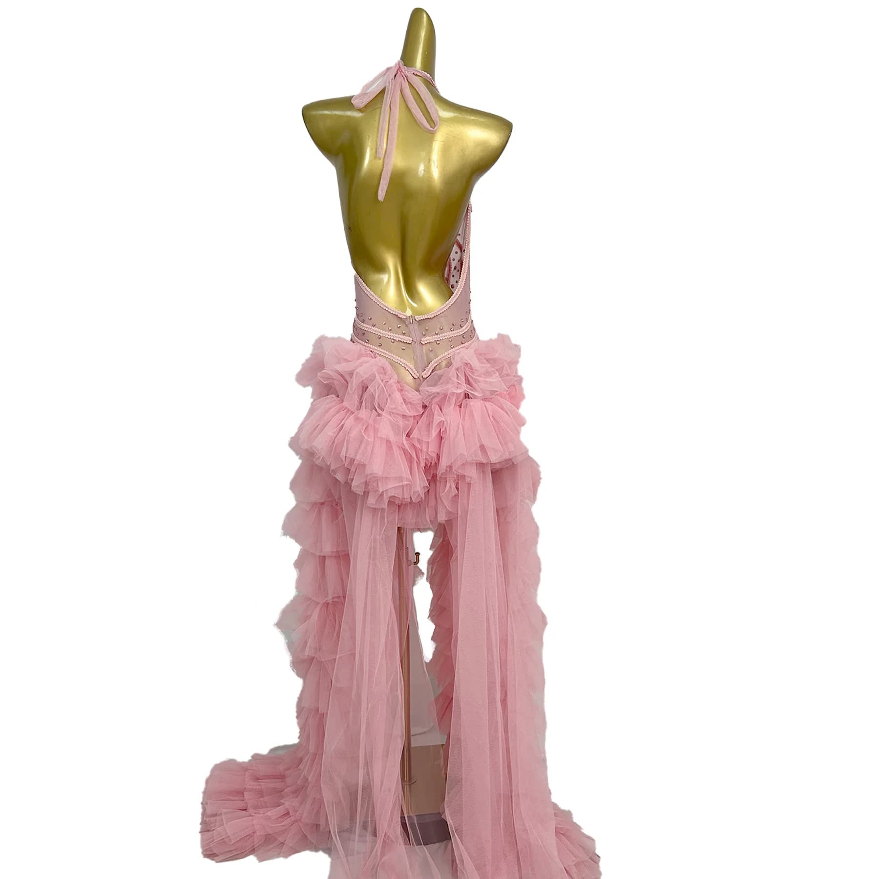 Abito lungo da festa di compleanno in rete di cristallo rosa sexy, abito da ballo da spettacolo, abito da banchetto da sera senza schienale da donna, abito da festival