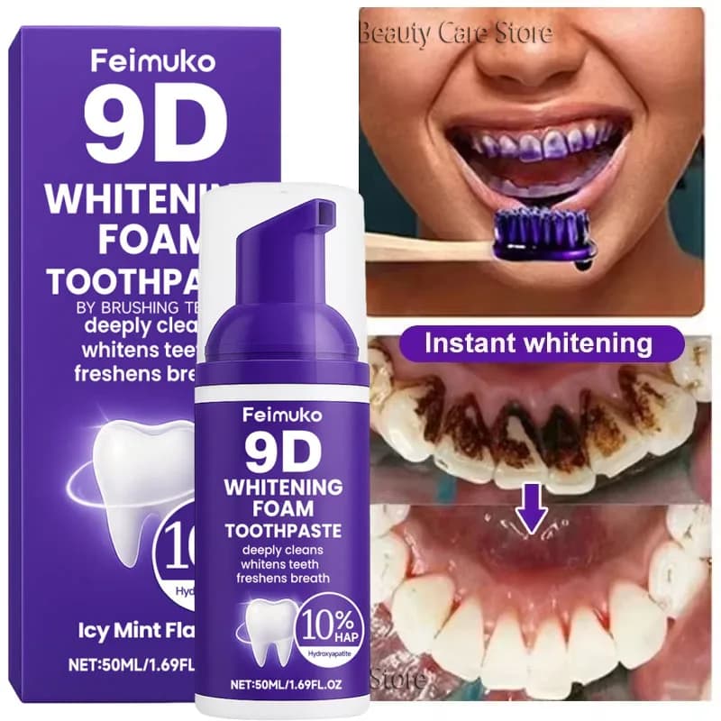 9D whitening toothpaste purple in mousse, remove intensive stains for yellow teeth, plate removal, fresh breath, oral care and gums