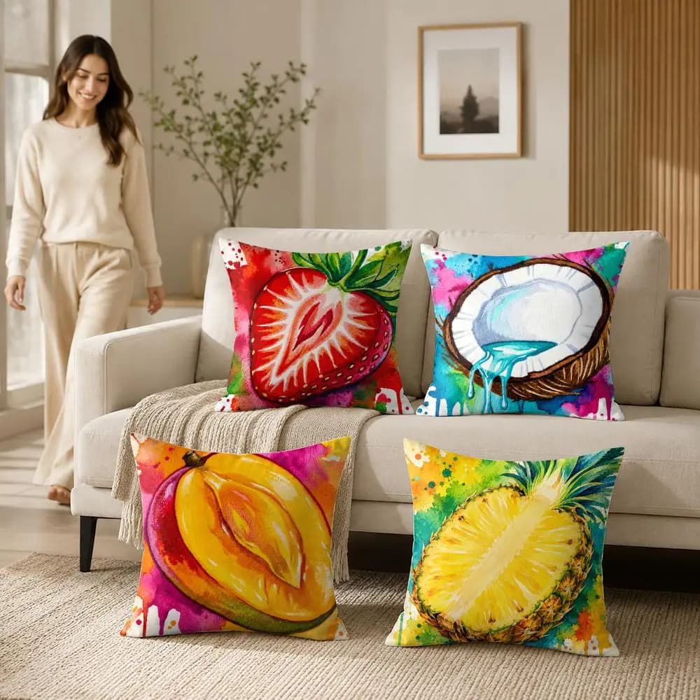 Tropical Fruit Pattern Cushion Cover Soft Short Plush Pillow Case Double Sided Print Washable Sofa Home Decor Gift