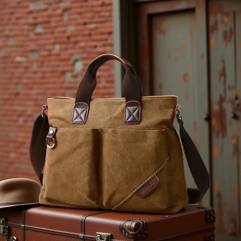 Men's bag in canvas 14 inch laptop briefcase Vintage shoulder bag in solid color Retro shoulder bag from large capacity work