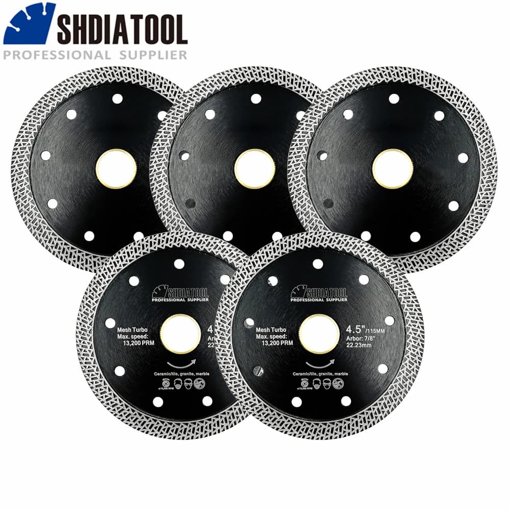 SHDIATOOL 5 pieces cutting disc with 4-1/2 inch turbo mesh diamond blade for ceramic tiles porcelain granite dia115mm diamond disc
