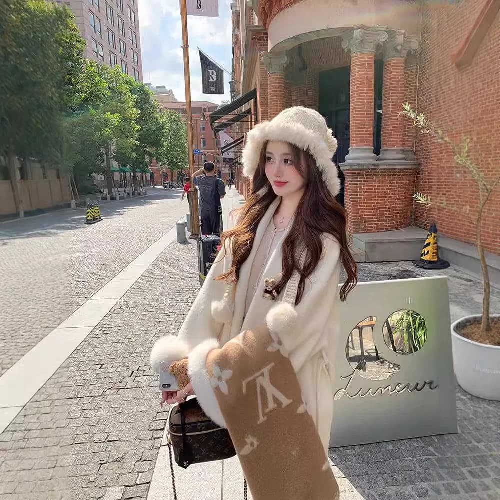 Cappotto in Lana a Doppio Strato da Donna, Lunghezza Media, con Maniche in Pelliccia, Colletto Elegante, Stile Vestaglia, Manica Lunga