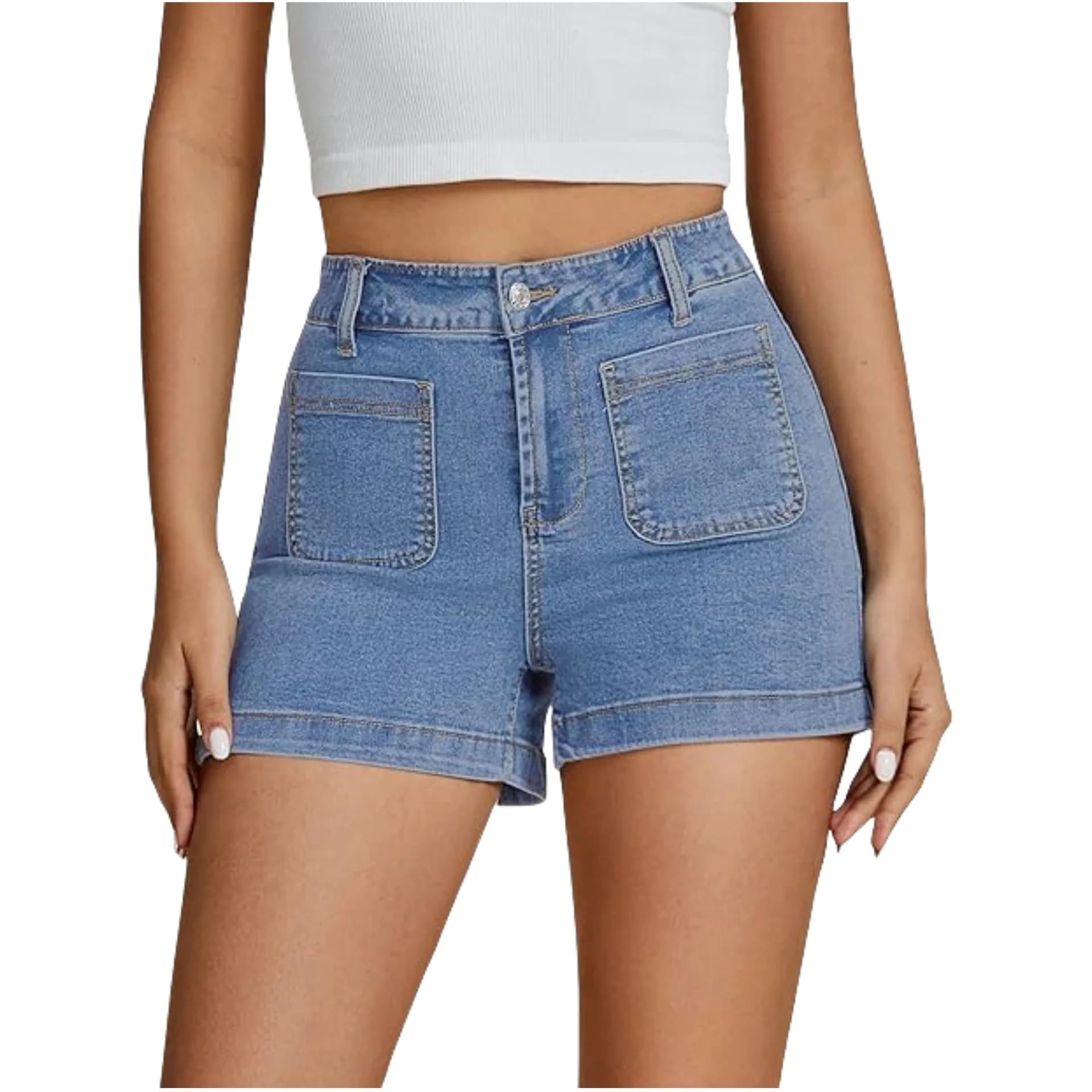 Women High Stretch Denim Shorts Classic Cargo Design Front Back Pockets High Waist Street Trend Casual Jean Shorts