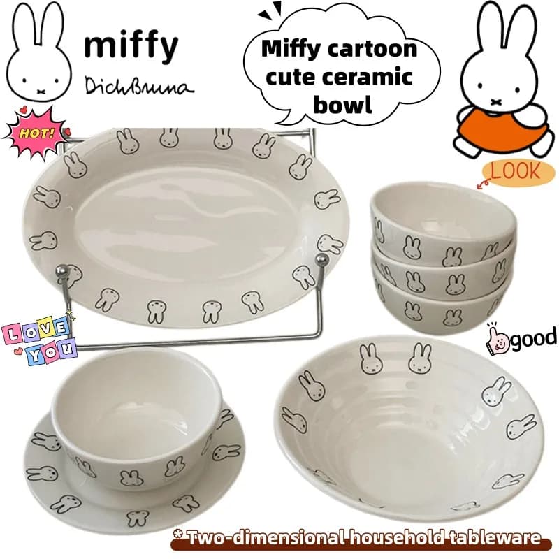 Ciotola in ceramica Miffy, creativa, carina, kawaii, con personaggi dei cartoni animati, articoli per la casa, stoviglie bidimensionali, vendita all'ingrosso.
