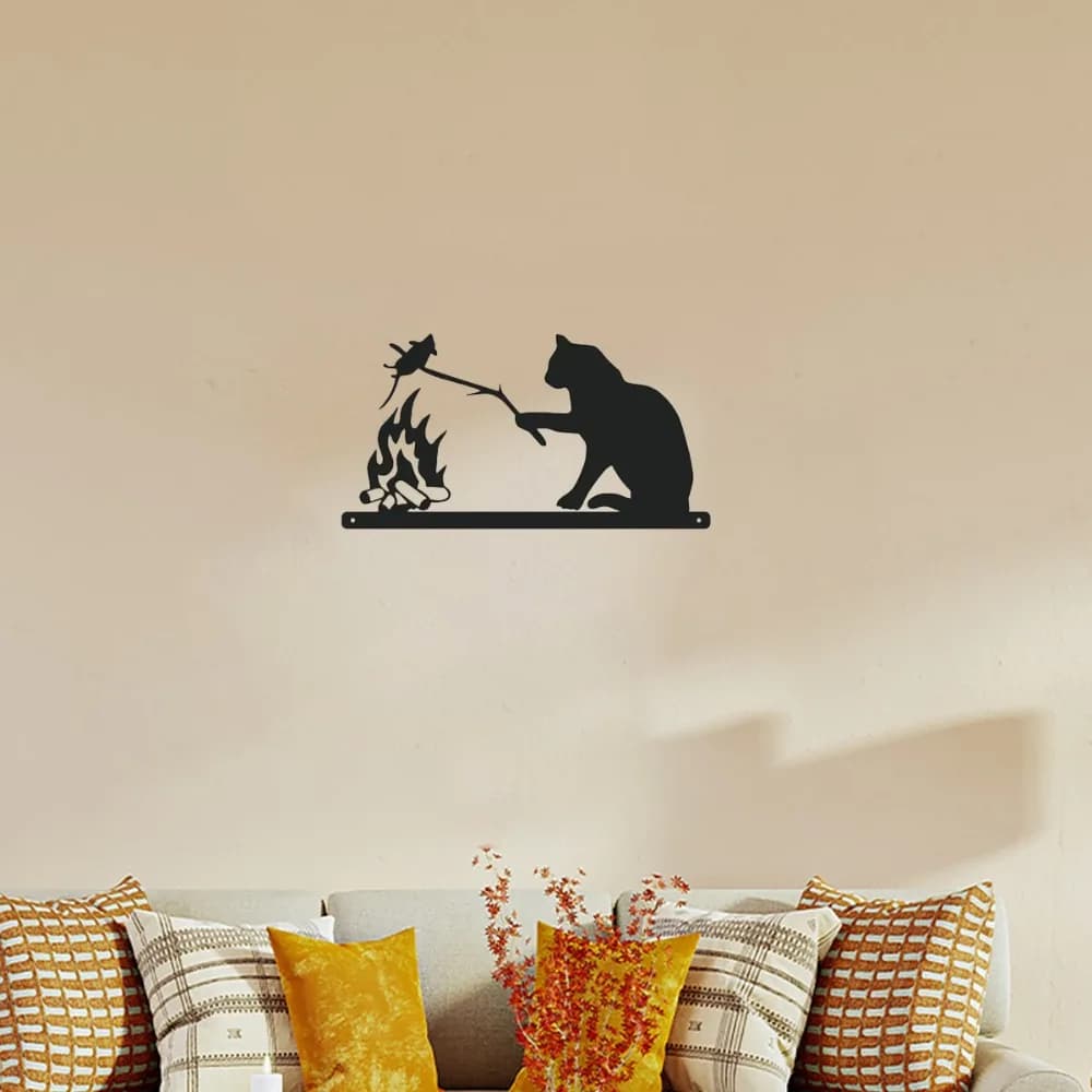 Incantevole scultura da parete con scena per arrostire gatti e mouse in metallo | Decorazione camera da letto/soggiorno | Regalo di Halloween e Natale