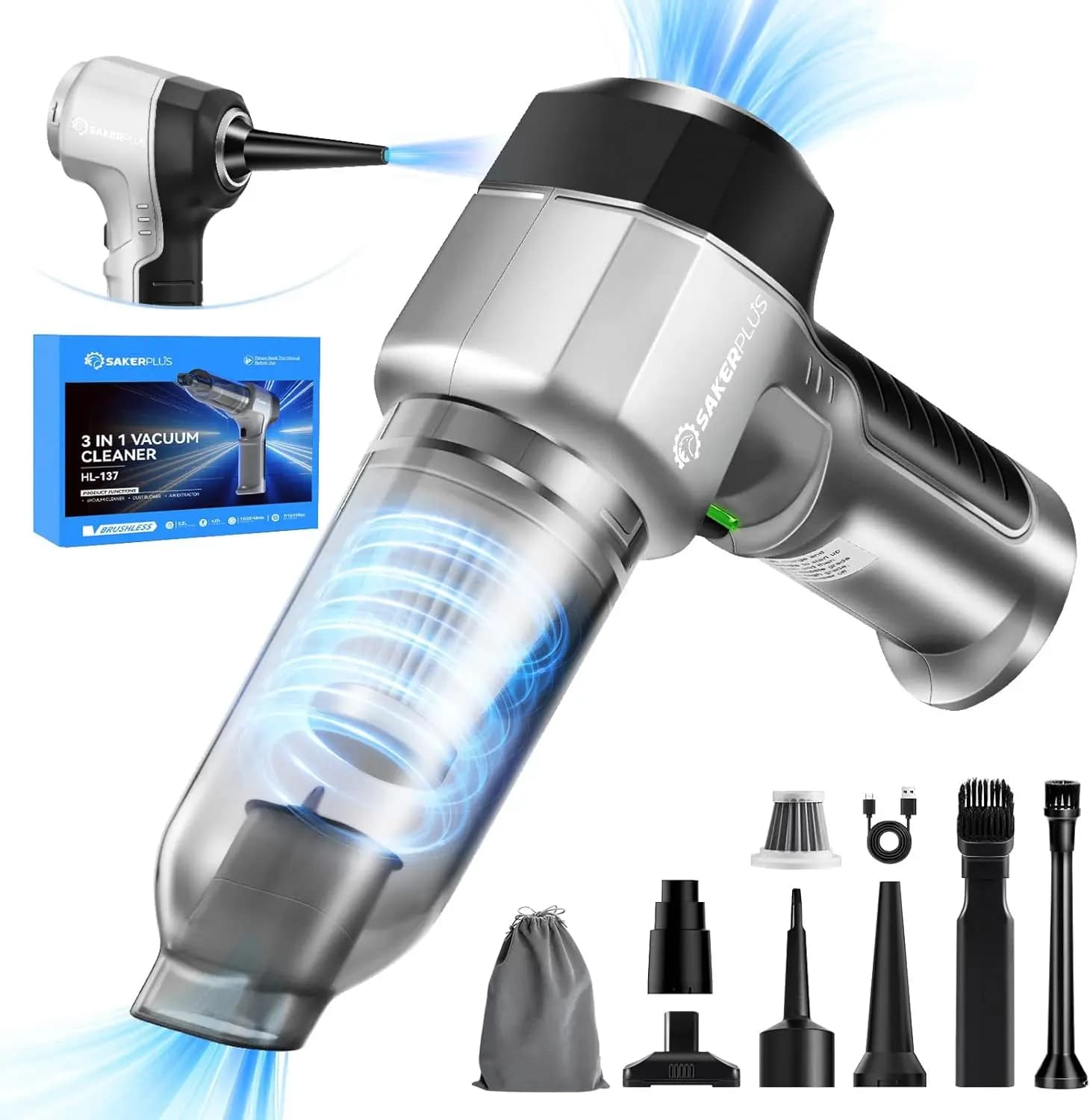 Aspirapolvere per Auto Senza Fili 3 in 1 con Aspirazione 15000PA, Soffiatore d'Aria, Doppio Filtro, Portatile per Auto e Casa