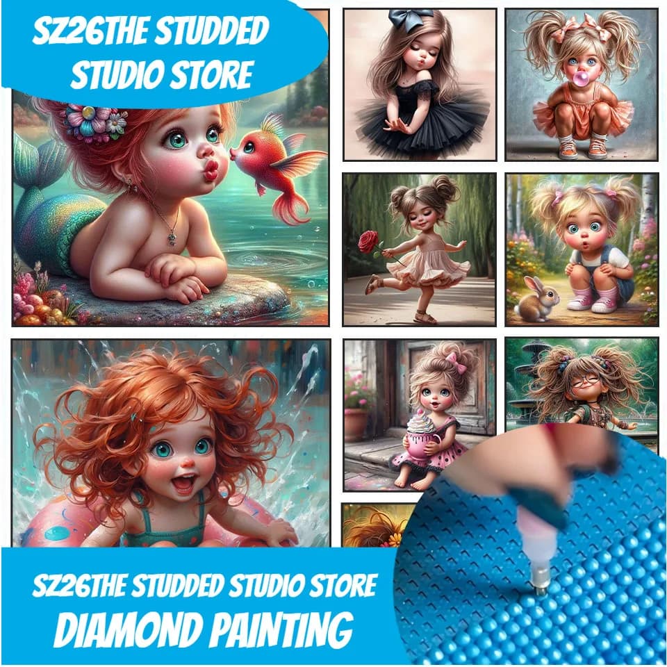Kit di Pittura Diamante 5D Fai-da-Te Sz26 con Ragazza Birichina, Strass Rotondi, Punto Croce, Mosaico Fatto a Mano, Decorazione Casa, Regalo