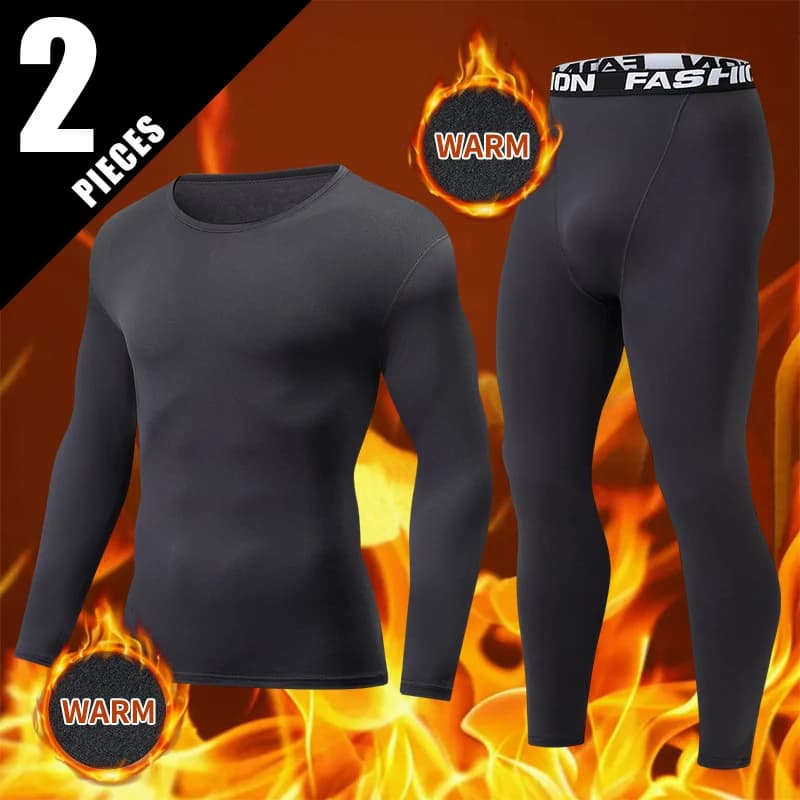 Set of warm and thick men's underwear Autumn/Winter 2 pieces, casual sports base shirt in large solid color, elastic waist pants for cycling fitness