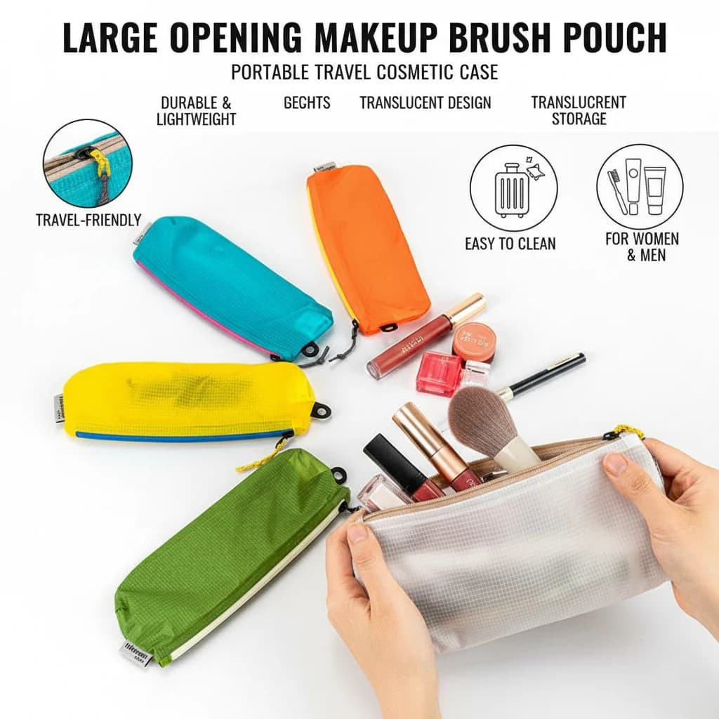Astuccio per Pennelli da Trucco con Ampia Apertura, Borsa da Viaggio Portatile per Cosmetici, Organizer con Cerniera per Pennelli, Borsa Portaoggetti per Kit da Toilette per Donne e Uomini
