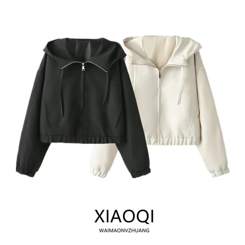 Spring 2026 Women's Commuter Short Hooded Jacket Versatile Outerwear Zipper Closure Long Sleeve Other Material 100%