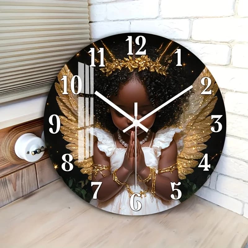 1 orologio da parete silenzioso che non ticchetta, con un design decorativo circolare e un finitura lucida raffigurante un angelo.