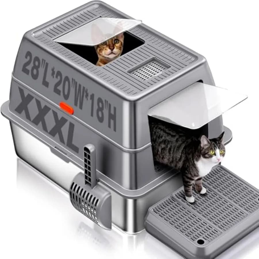 XXXL Stainless Steel Litter Box with Lid Extra Large 28"L*20"W*18.1"H Metal Cat Litter Boxs, Jumbo Enclosed Removable Litter Bo
