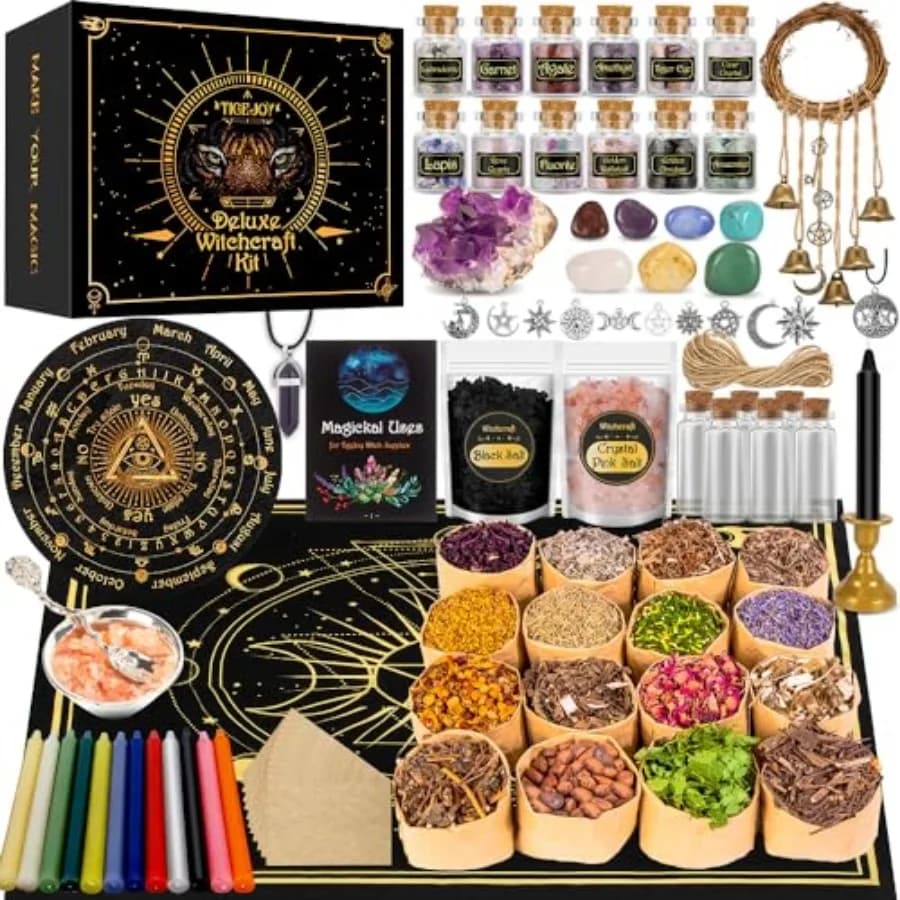 Kit Completo di Accessori per Stregoneria, 88 Pezzi di Attrezzi Wiccan, Include Erbe, Cristalli, Candele, Pendolo in Ametista