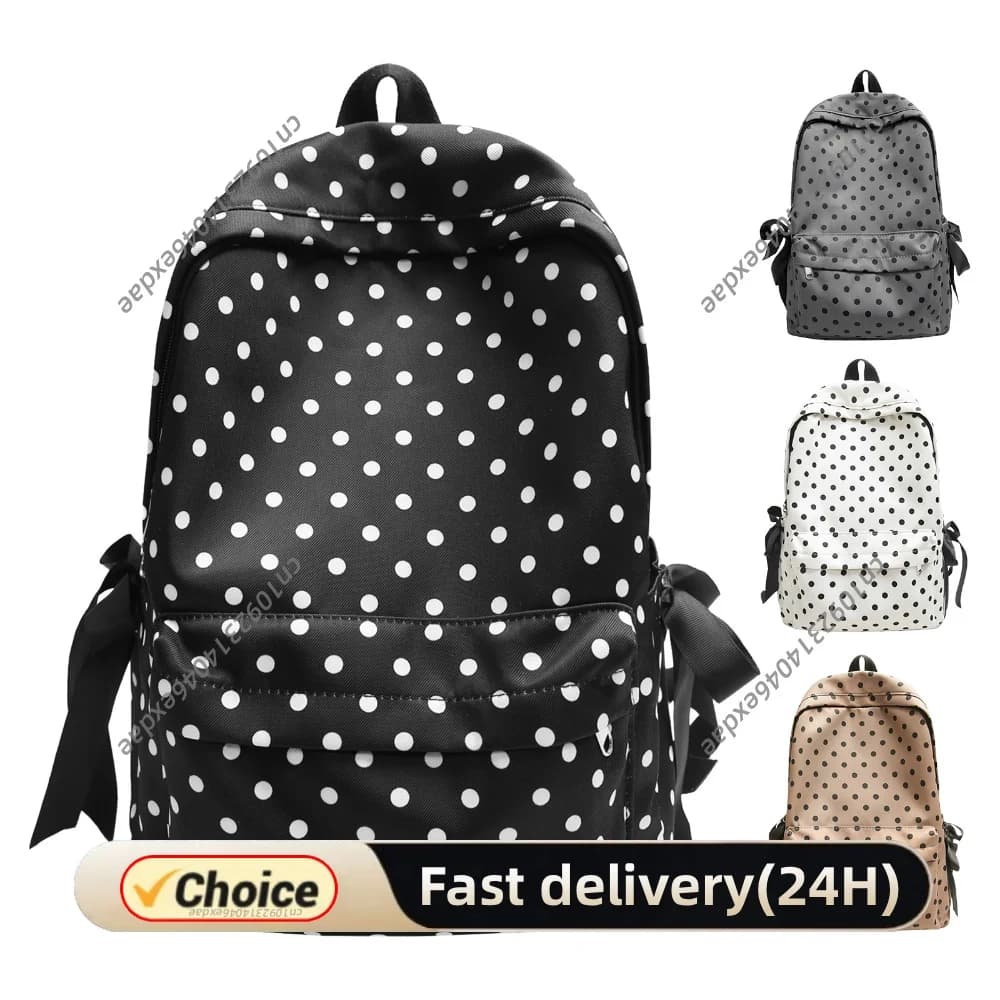 Cute Polka Dot Travel Daypack Kawaii Sweet Nylon Bag with Side Bows for Girls Women Casual High- College