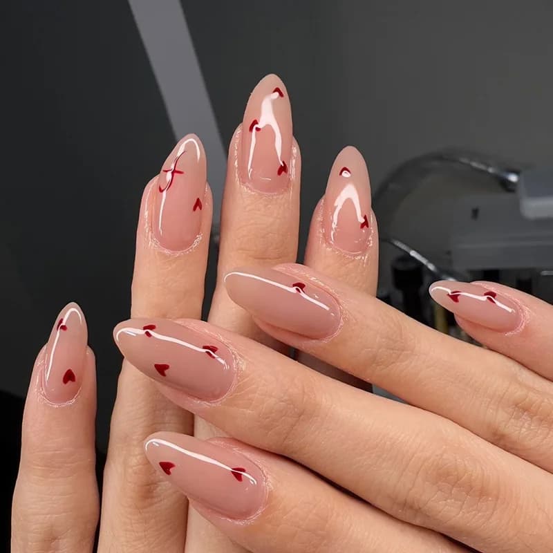 Hand Polished Clear Nude Almond False Nails Dainty Mini Red Hand Drawn Hearts High Gloss Smooth Finish Reusable Glue On Nail Set Korean Simple Sweet Manicure Jewelry Gift for Ladies