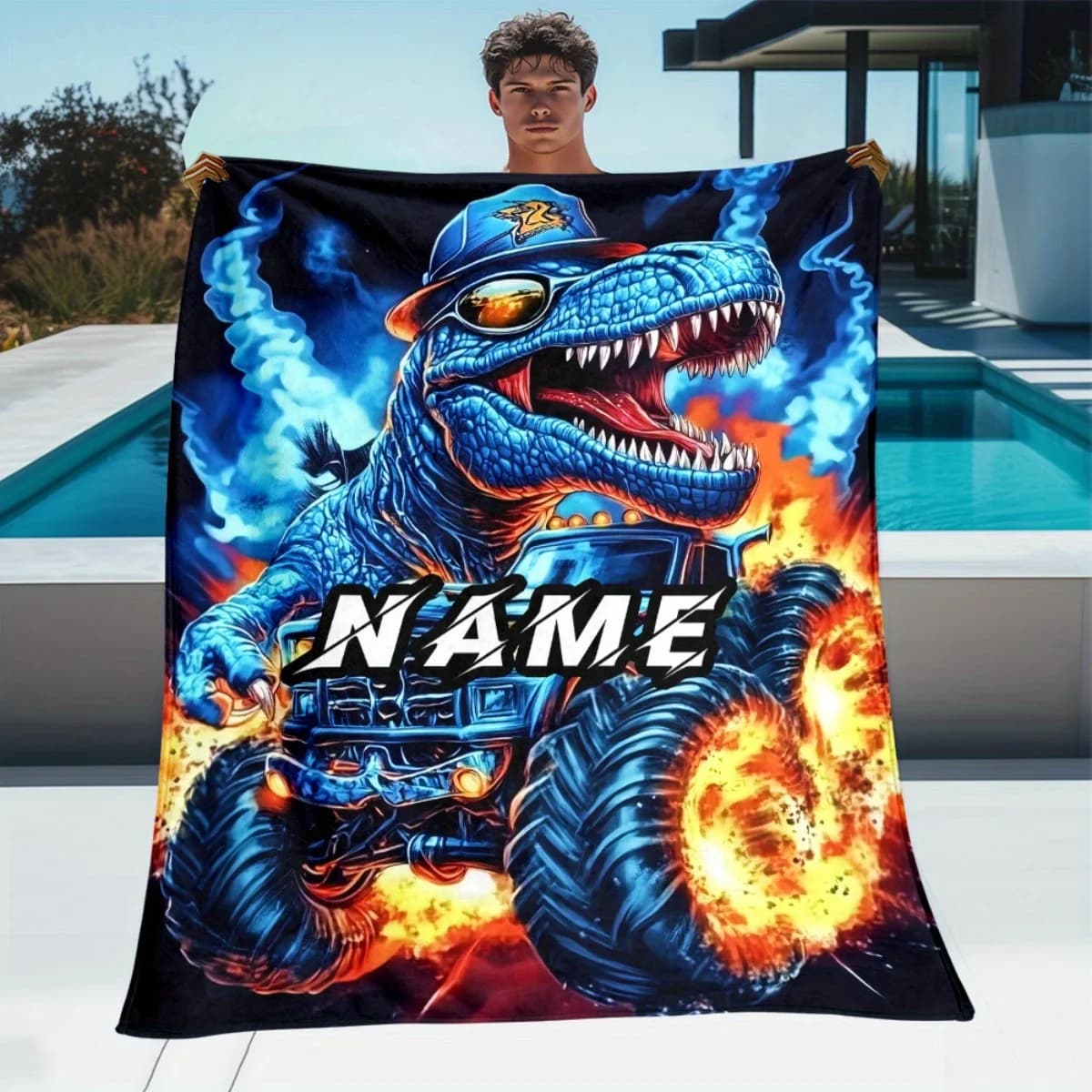 1-piece truck and dinosaur bed cover can be customized with name, text, soft and warm portable blanket, suitable for bed, sofa,
