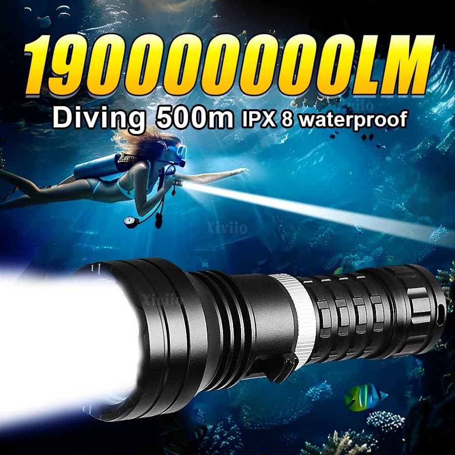 Torcia subacquea a LED ad alta potenza 19000000LM IPX8 Torcia subacquea professionale impermeabile subacquea da 500 m con corda a mano