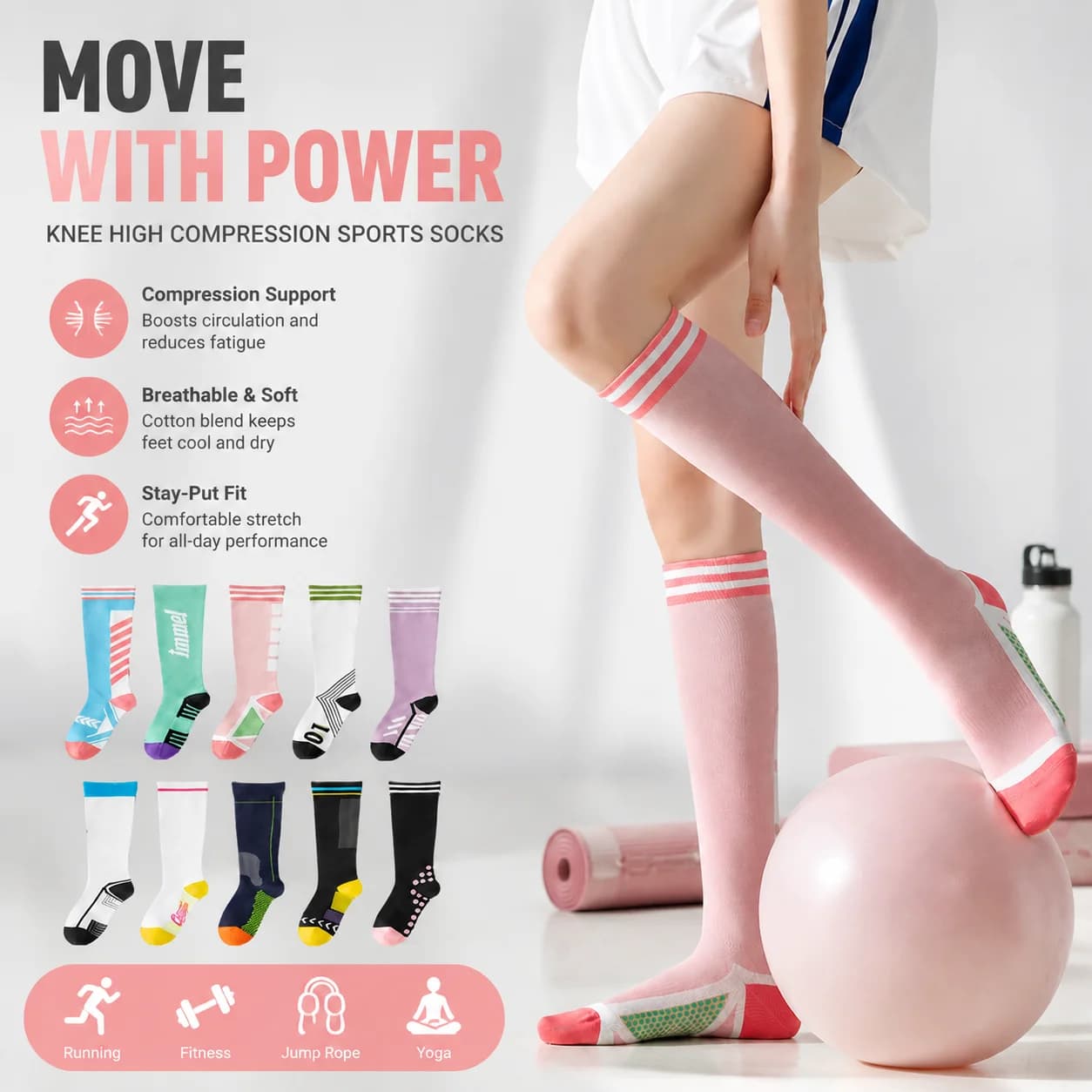 Women's Sports Ankle Socks, Knee High Length, Compression for Running, Fitness, Jump Rope, Yoga, Breathable Stretch Cotton
