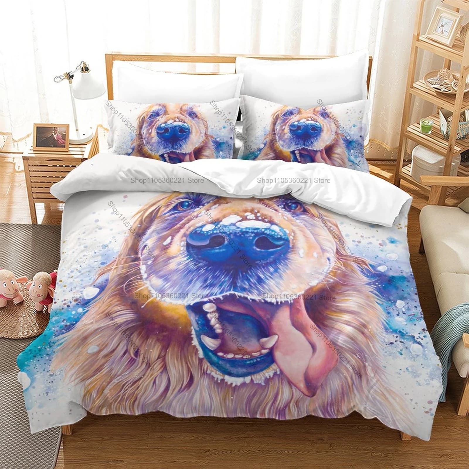 Beagle Dog Bedding Set, Duvet Cover + 2 Pillowcases Lovely Hound Pattern Bed Sheets for Home & Dorm Decoration