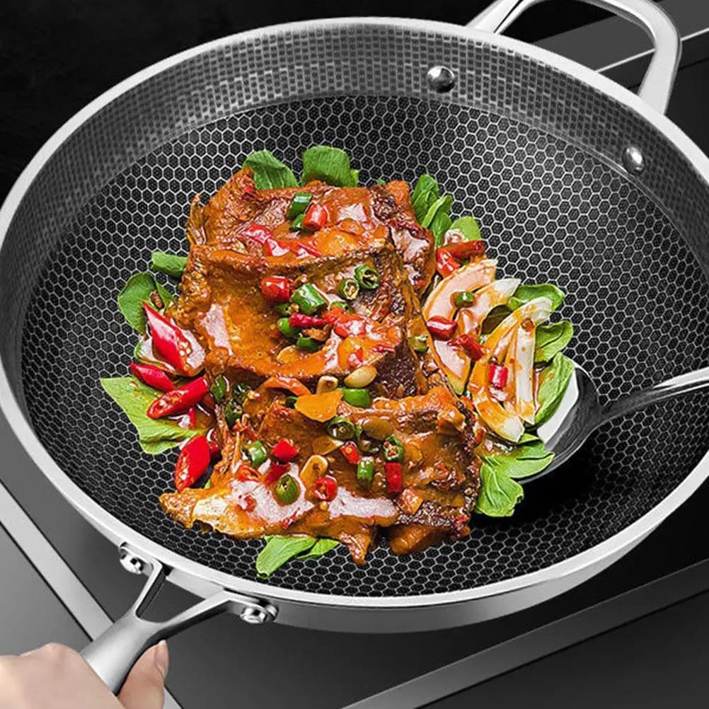 Wok in Acciaio Inox a Nido d'Ape, Padella Antiaderente Resistente ai Graffi per Cucina a Gas, Elettrica e a Induzione