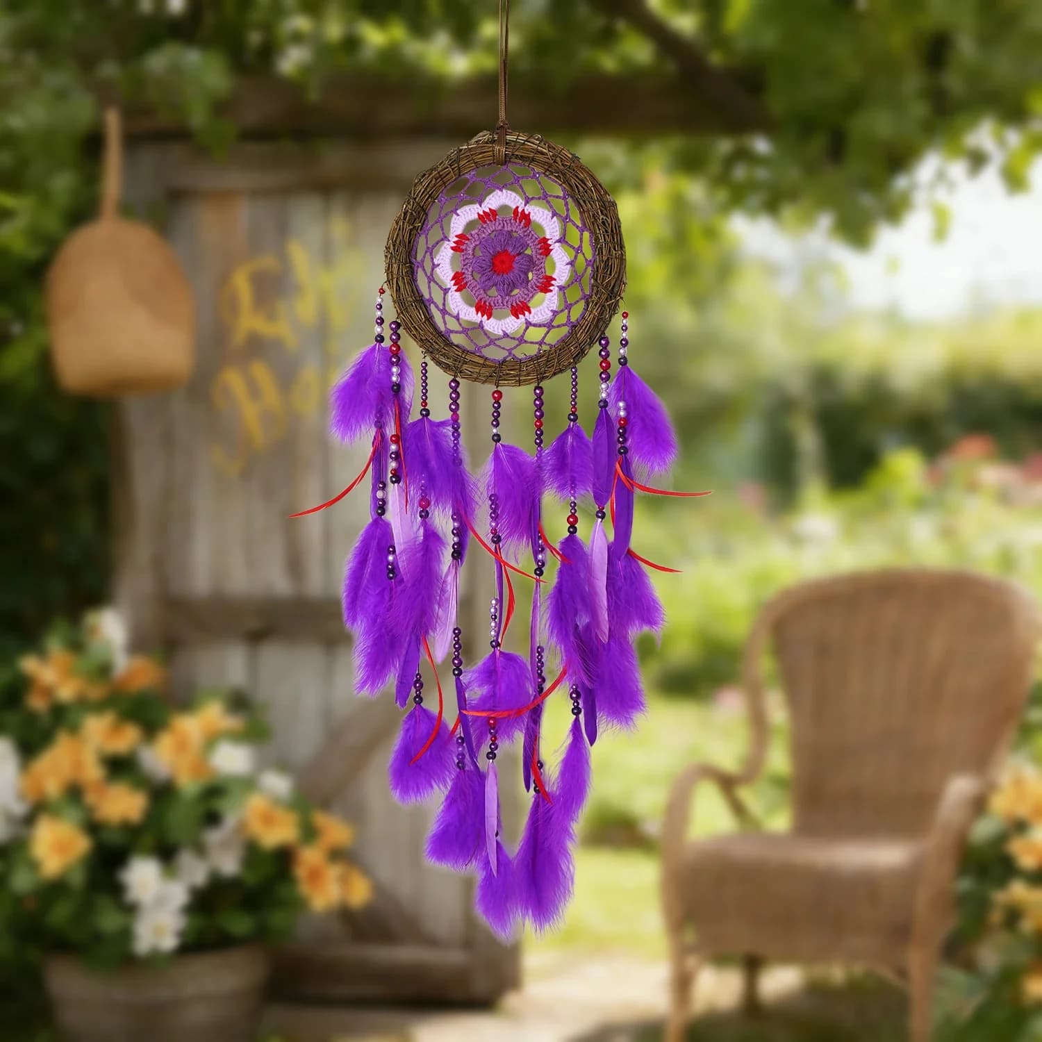 Bohemian Wreath Dream Catcher Crochet Flower Purple Feather Wall Hanging Wind Chimes for Home Bedroom Wedding Decor Gifts