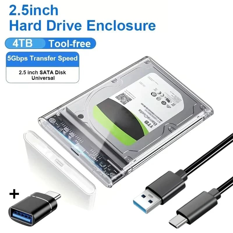 Box esterno trasparente per disco rigido da 2,5 pollici, senza attrezzi, ultra-veloce 5 Gbps per HDD e SSD SATA da 7 mm/9,5 mm, in materiale ABS