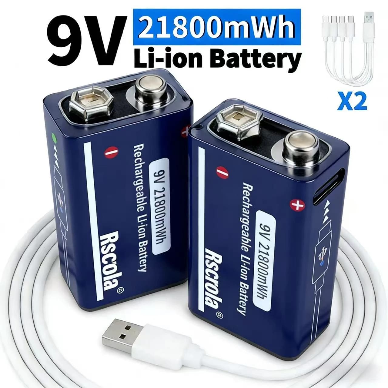 Set di Batterie Ricaricabili Li-ion 9V 21800mWh con Cavo di Ricarica, Lunga Durata per Chitarra, Microfono, Rilevatore di Fumo, Pedale Effetti