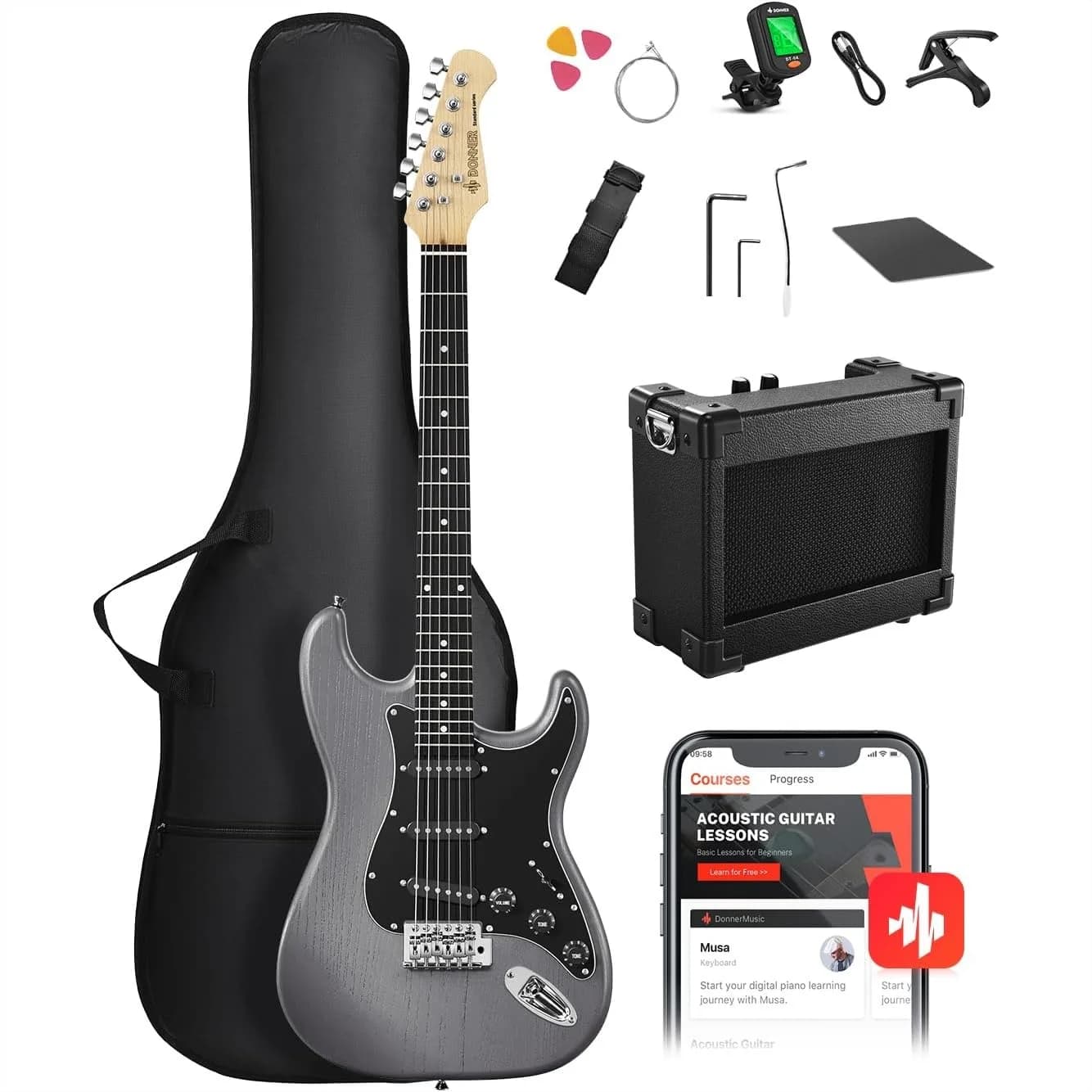 Kit Chitarra Elettrica per Principianti da 39 Pollici con Amplificatore, Pickup SSS, Borsa per Chitarra, Accordatore, Capotasto, Tracolla, Plettri e Lezioni Online Gratuite per Bambini