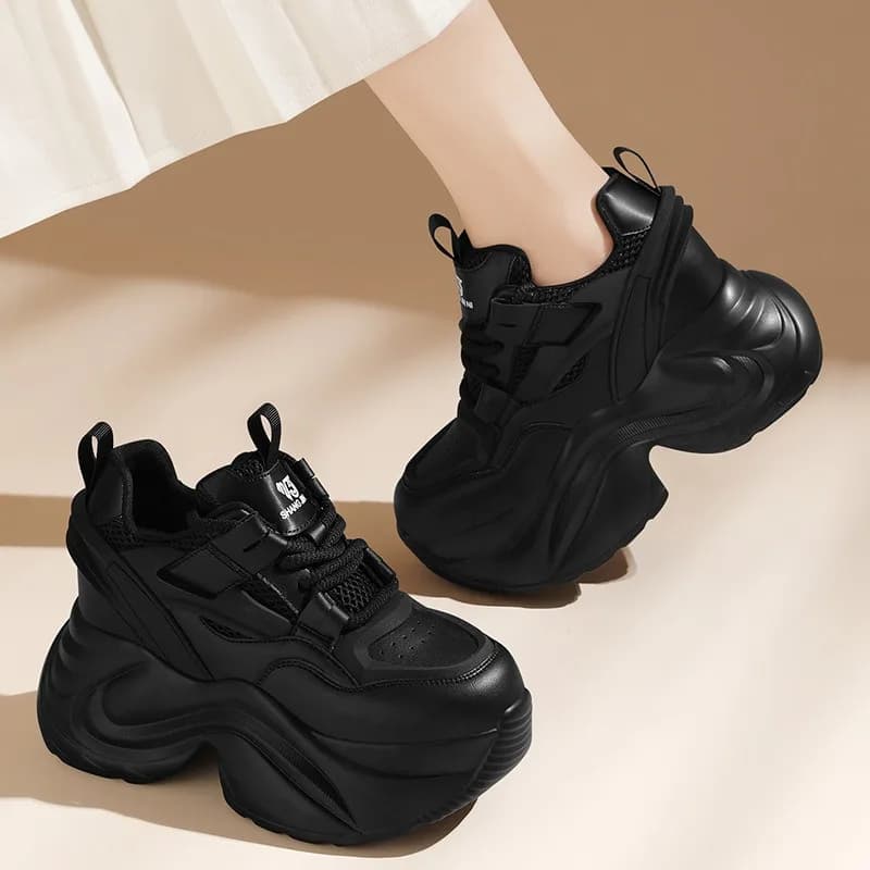 Sneakers da Donna Nere con Zeppa e Plateau, Stile Dad, Allacciate, Comode, Traspiranti, per Camminata Casual, Nuovo Arrivo 2026